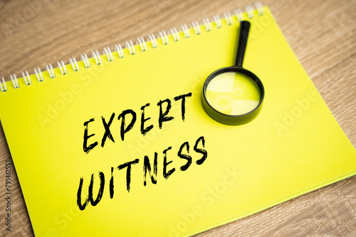 Expert witness inscription. Court cases process concept. Person who has special knowledge, skills and is called upon to express an opinion in legal proceedings.