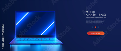 Futuristic mockup Laptop with Neon Blue Glowing Lines on Dark Background. Stylish modern laptop emitting cool blue neon lights, ideal for technology and innovation themes. Vector illustration