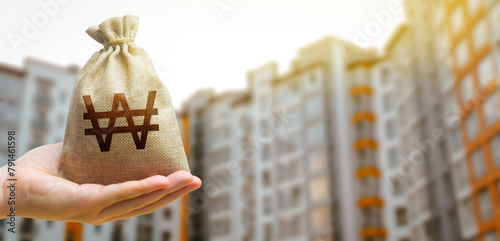South korean won bag against the background of modern high-rise buildings. Investing in the purchase of real estate. Affordable housing and mortgage rates. Renting apartments and houses. Blurred photo