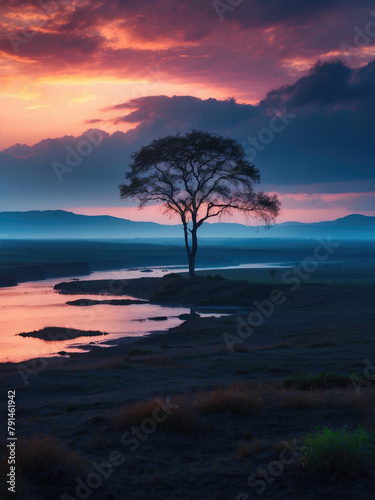 Lonely tree stands on a river at sunrise
