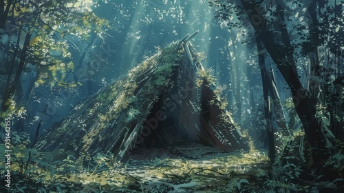 A wooden hut in the middle of a lush forest. The hut is overgrown with vines and moss, and the trees are tall and majestic