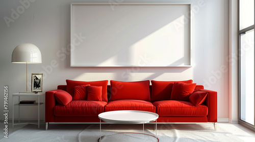 Minimalistic office room with bright decor and an empty white frame, providing a space for imaginative thinking.