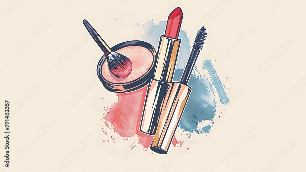 iconic logo, cosmetics, self-care, cicle icon, realistic, brushes, lipstick, powder
