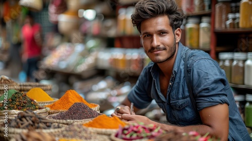 A Young man with spice shop in India. photo