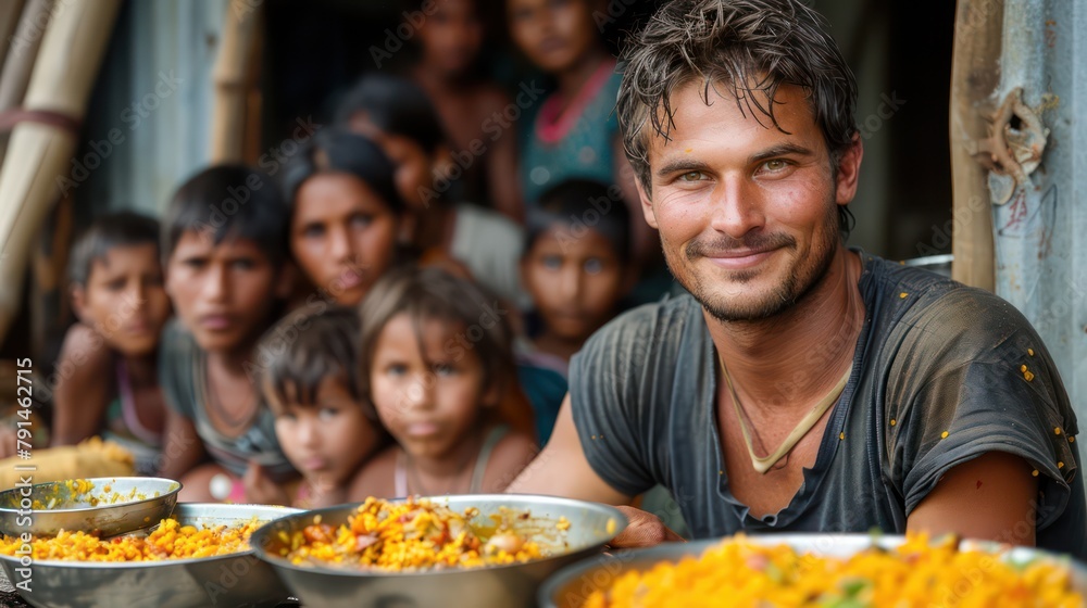 Backpacker learning to eat with hands under guidance in rural India.