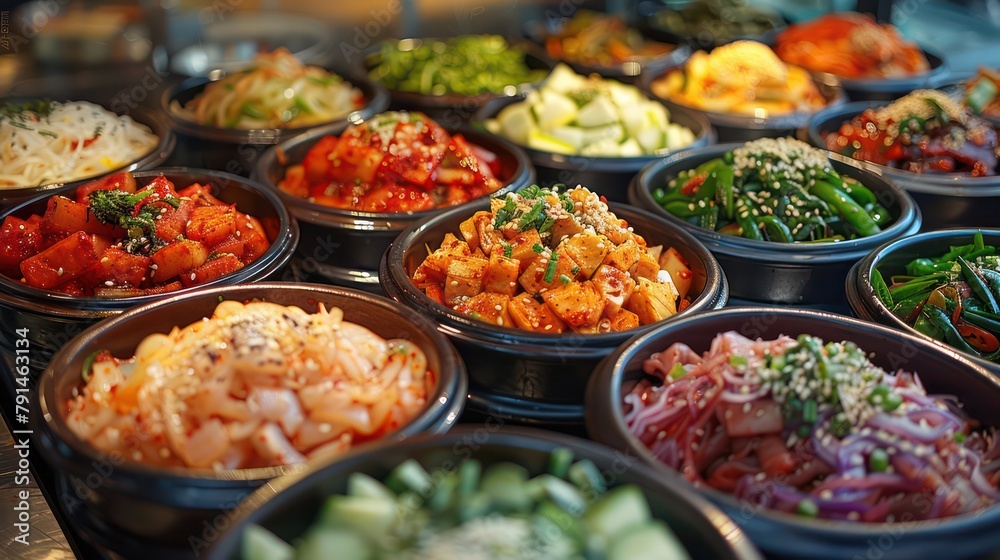 Fototapeta premium Colorful display of South Korean banchan in a traditional restaurant.