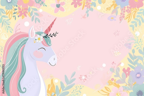 Pastel Unicorn Background Frame. Unicorn Invitation Templates. Background with flowers