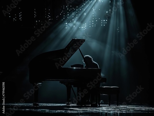 Silhouette the unmistakable form of a grand piano, a solitary figure seated at the keys which are all thats exposed in the darkness photo