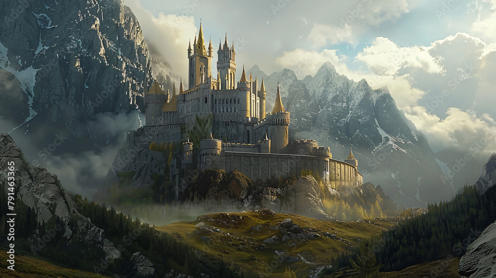 Fantasy castle landscape in mountains