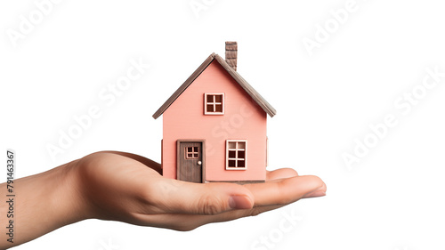  hand holding toy cute house on palm, isolated png on transparent background, real estate, buy, sell, rent concept