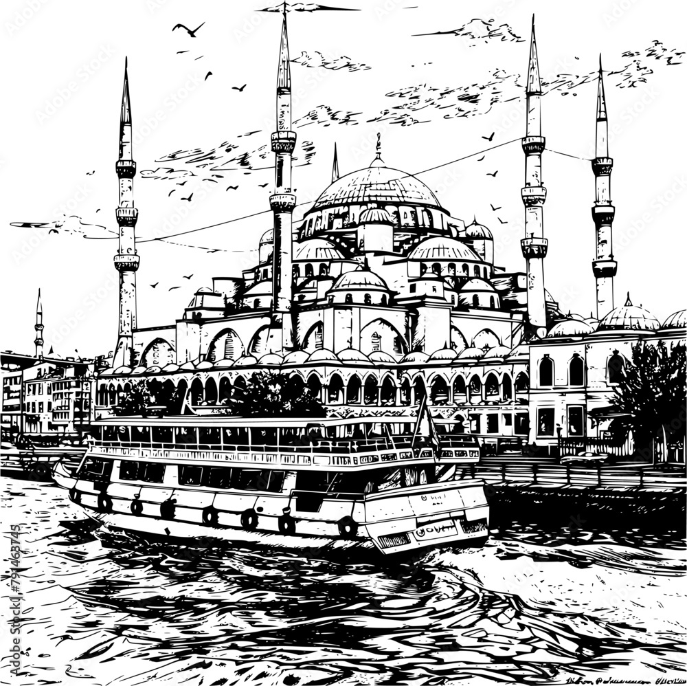 Black and White Line Art of Istanbul City, Simplistic Design