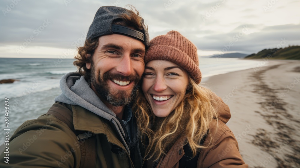 Closeup of a young loving mixed-race couple smiling and taking a smartphone selfie on the beach at sunset. Hispanic man and Caucasian woman on a beach date displaying love.