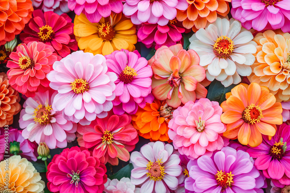 Fototapeta premium Beautiful colorful zinnia and dahlia flowers in full bloom, close up. Natural summery texture for background.