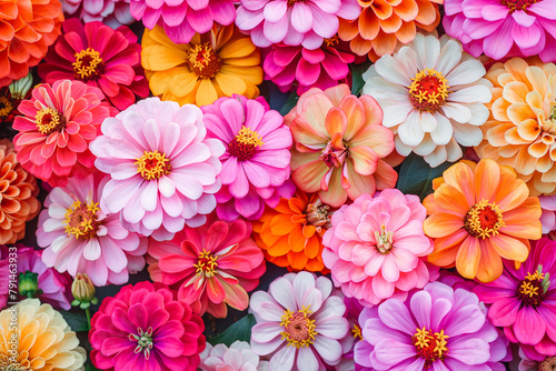 Beautiful colorful zinnia and dahlia flowers in full bloom  close up. Natural summery texture for background.