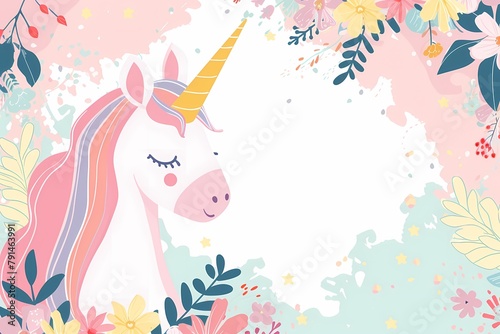 Pastel Unicorn Background Frame. Unicorn Invitation Templates. Background with flowers
