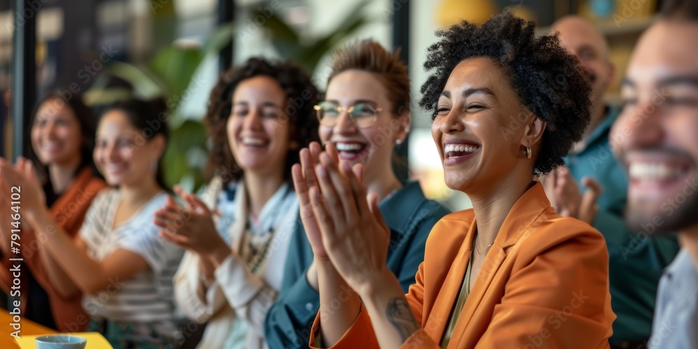 Diverse businesspeople meeting in an office. Businesspeople celebrating each other's success. Happy businessman praised by coworkers