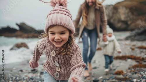 Grandparents, running youngster, and beach vacation, bond, free, or family time outdoors. Girl child delighted and cheerful on ocean sand with senior family. #791464107