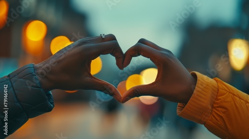 Closeup of individuals with heart sign, hands, friendliness, emoji, and dedication outside. Outside, couple or interracial with love, trust, and care icon and like