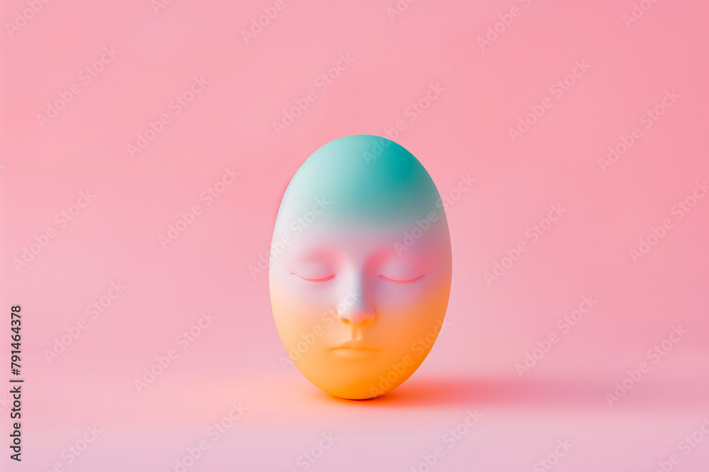 Colored Easter egg with holy head against pastel pink background. Minimal aesthetic Christian holiday composition. Colored Easter egg with holy head against pastel pink background. Minimal aesthetic Christian holiday composition.