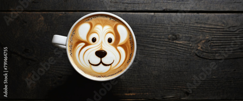 Coffee cup with dog shape latte art on black rustic wooden background