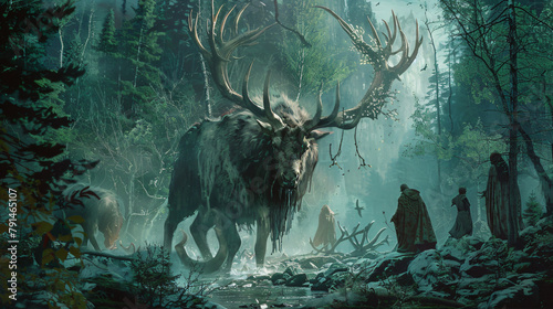 Fantasy elk creature hunted by evil goblin creatures 