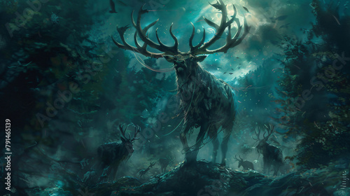 Fantasy elk creature hunted by evil goblin creatures 