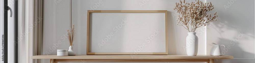 Minimalistic office room with bright decor and an empty white frame, providing a space for imaginative thinking. Minimalistic office room with bright decor and an empty white frame, providing a space for imaginative thinking.