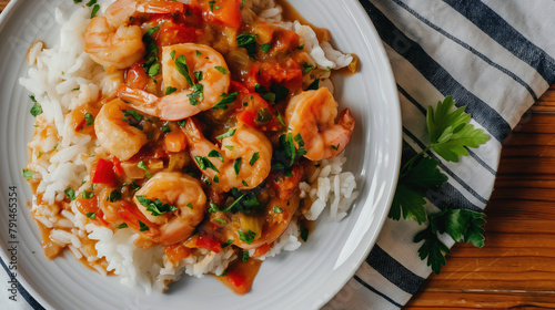 a photo of shrimps in gumbo sauce over rice, on white plate with striped napkin beside it, top view. cajun New Orleans sauce, cooking and cuisine food blog or website social  media