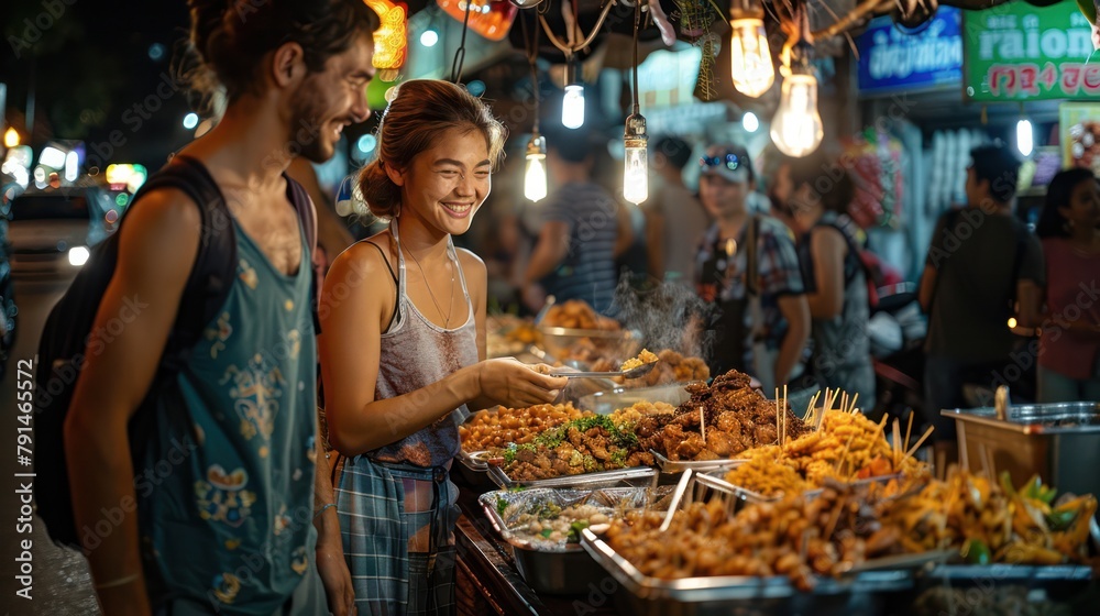 Tourists chuckling while trying to eat street food on a busy Bangkok sidewalk