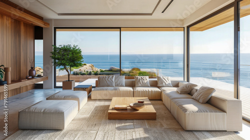A large living room with a view of the ocean