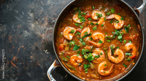 Top view of a traditional New Orleans gumbo with shrimp in a pot on a dark background. French traditional cuisine inspired by Mardi Gras festival photo