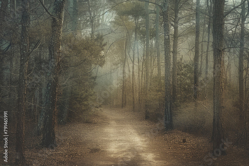 A narrow forest path disappearing into the distance, flanked by tall trees with minimal foliage. The muted color palette and soft natural light filtering through the canopy