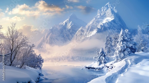 Snowy mountain landscape with a river and trees
