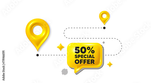 Road journey position 3d pin. 50 percent discount offer tag. Sale price promo sign. Special offer symbol. Discount message. Chat speech bubble, place banner. Yellow text box. Vector