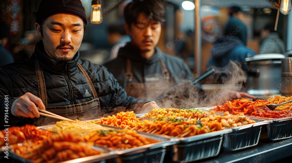 Asia man trying spicy street food for the first time in Seoul, South Korea.