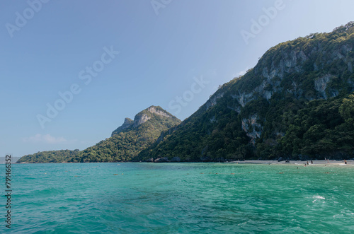 Tranquil scene of a tropical beach with lush mountains under a clear sky