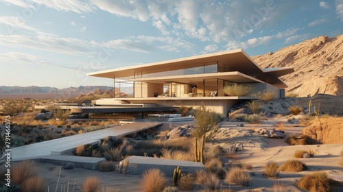 A contemporary desert oasis with sleek lines and minimalist design, set against the backdrop of rolling dunes and endless skies, where luxurious interiors blend seamlessly with the natural beauty 