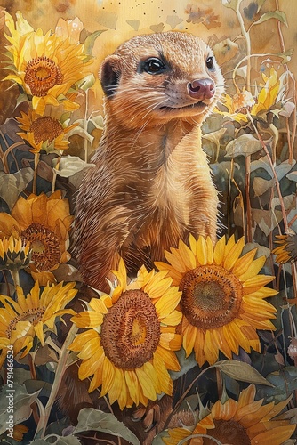 A mongoose darting through sunflowers, with watercolors capturing its swift, vibrant energy