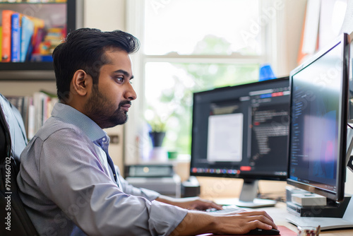 Focused Indian man in a dress shirt at his workstation with dual monitors