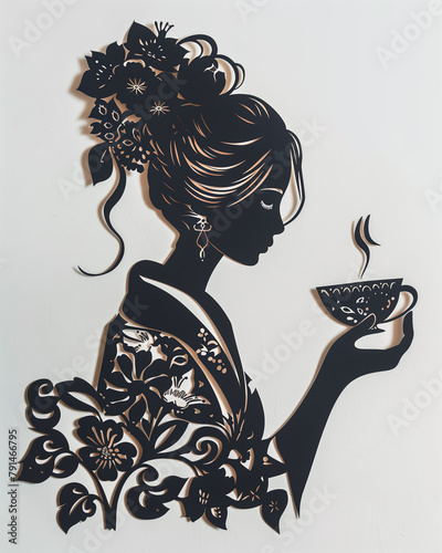 コーヒーカップを持つ女性の切り絵