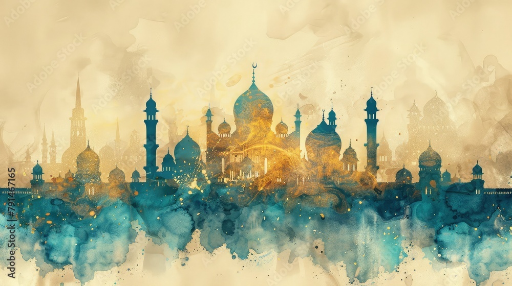 Watercolor illustration of an Islamic mosque in beige, yellow and blue ...
