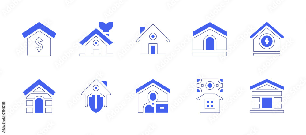 Home icon set. Duotone style line stroke and bold. Vector illustration. Containing house, real estate, dog house, eco house, home insurance, work from home.