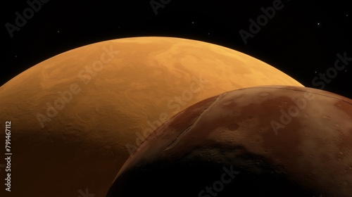 Space scene, large smooth orange planet looming over a cratered moon against a starry sky backdrop. 3d render