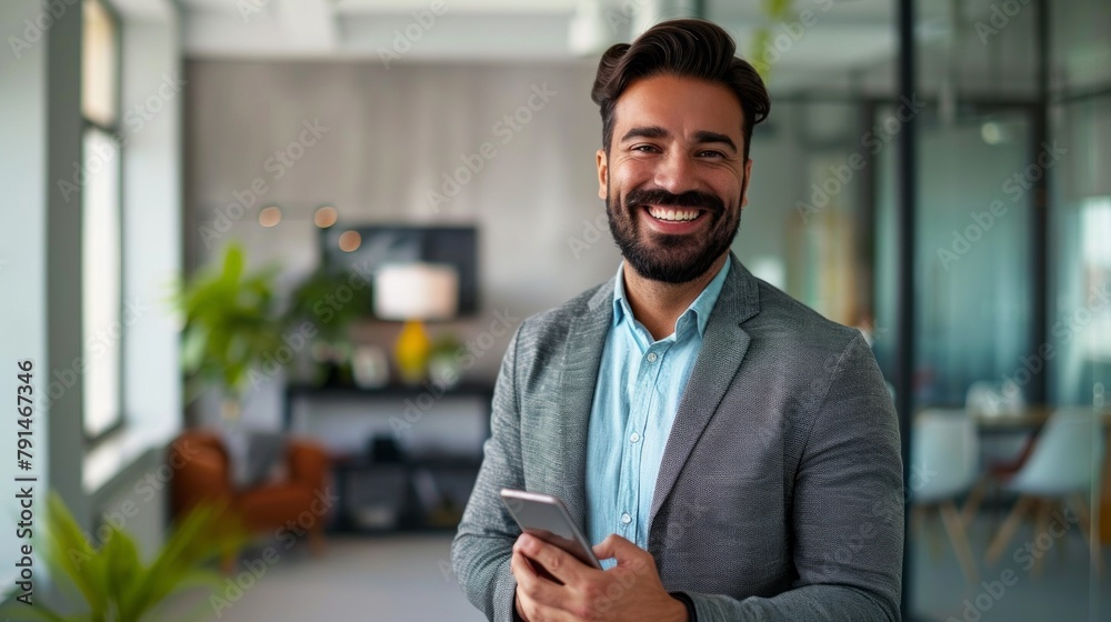 Naklejka premium Portrait of a smiling happy bearded businessman, manager, Analyst, Accountant, Entrepreneur, company employee, a man using a smartphone, looking at a camera and standing in a modern office