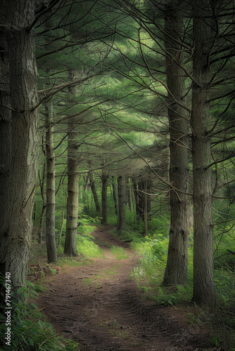 A narrow forest path disappearing into the distance  flanked by tall trees with minimal foliage. The muted color palette and soft natural light filtering through the canopy