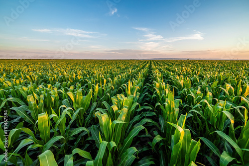 Fototapeta Naklejka Na Ścianę i Meble -  Golden hour sunset over lush green corn field in the tranquil rural countryside