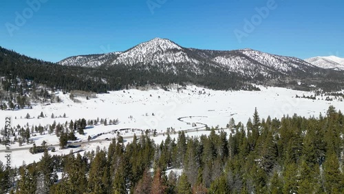 Aerial view of forest and mountains in Lake Tahoe, California winter photo