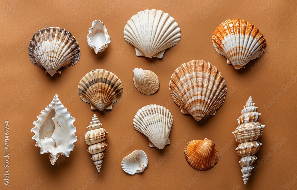 Top view of various seashells on a brown background 