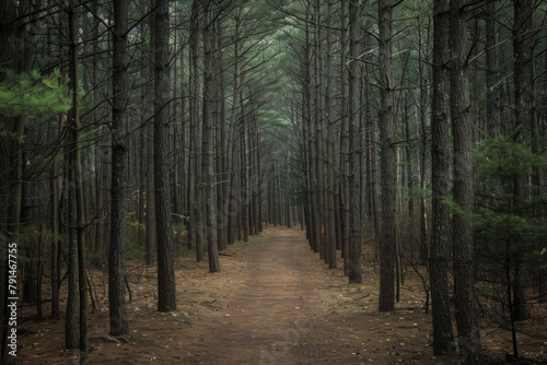 A narrow forest path disappearing into the distance, flanked by tall trees with minimal foliage. The muted color palette and soft natural light filtering through the canopy