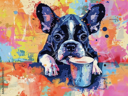 Lively wallpaper scene of a French Bulldog drinking, portrayed in a joyful and cute style, ideal for brightening up any pet lover s environment photo